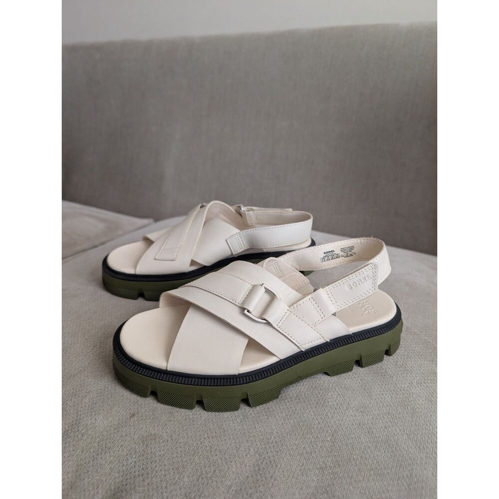 Sorel Rein CB Crisscross Sandals Women 7.5 White Leather Lug Green Sole Sporty